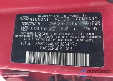 2016 Hyundai Accent Se z USA, uszkodzony, nr VIN KMHCT4AE4GU064272